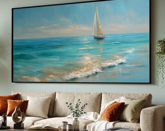 Tranquil Ocean Sailing Canvas, Calm Sea Wall Art, Nautical Coastal Decor, Blue Water Landscape, Relaxing Maritime Canvas Print