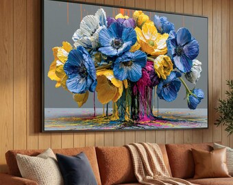 Vibrant Flower Bouquet Canvas, Abstract Floral Wall Art, Blue Yellow Anemone Canvas, Colorful Home Decoration, Modern Canvas Print