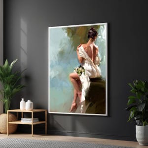 Elegant Lady Canvas Art, Romantic Figure Print, Woman with Flowers, Wall Art Canvas Design, Ready to Hang Decoration