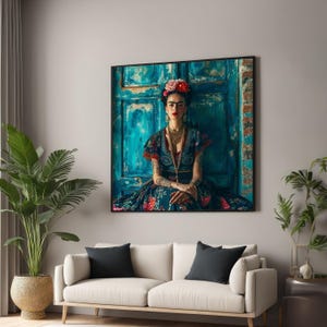Frida Kahlo-Inspired Portrait, Mexican Folk Art Style, Vibrant Floral and Cultural Canvas, Ready to Hang Artistic Decor