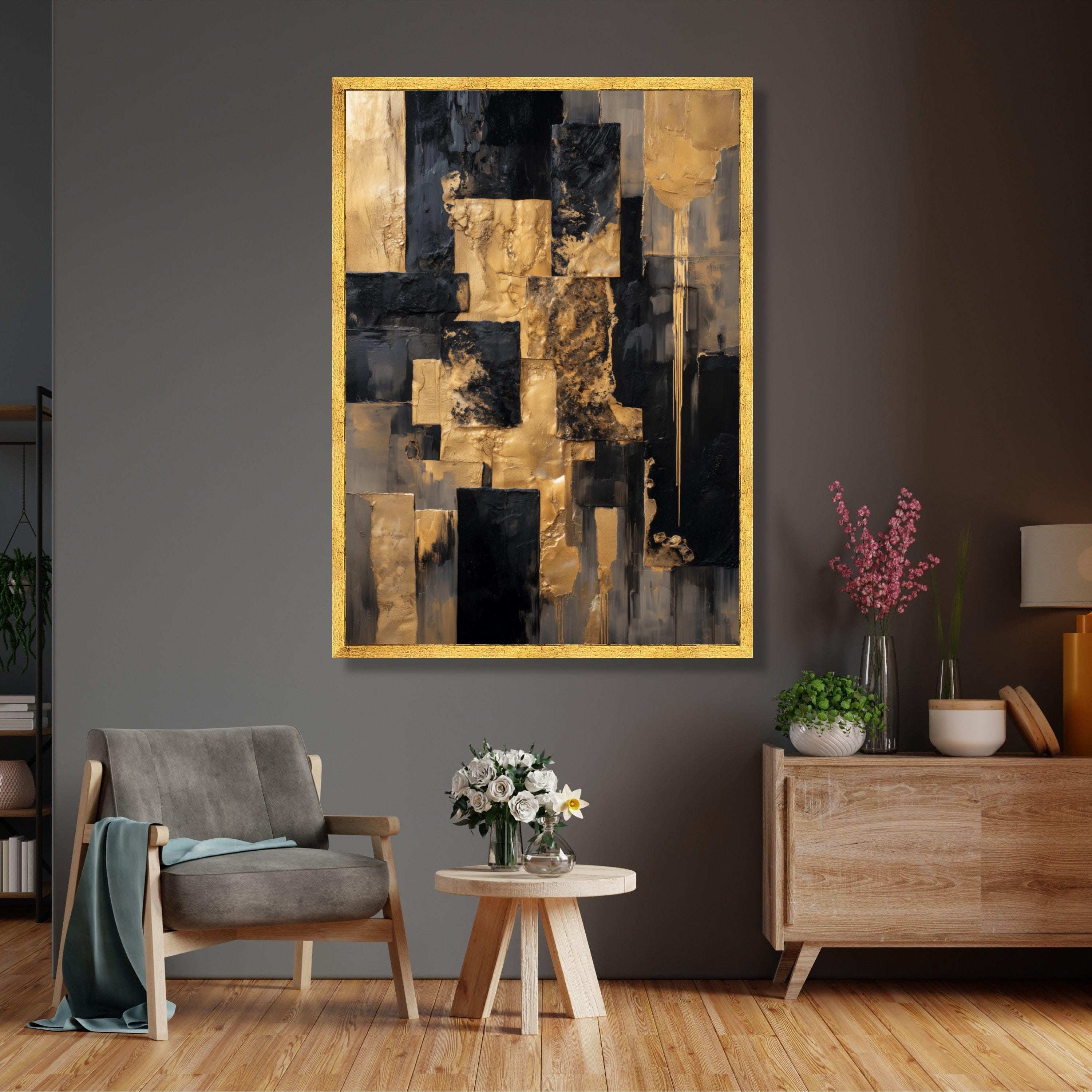 Modern Black and Gold Abstract Canvas, Geometric Wall Art, Metallic ...