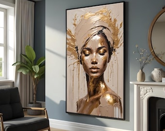 Golden Muse Portrait, Abstract Woman Art, Elegant Wall Art Design, Luxurious Gold Accents, Ready to Hang Decoration