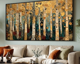 Gustav Klimt Birch Forest Canvas, Abstract Nature Wall Art, Golden Trees Decorative Canvas, Modern Forest Landscape Art, Ready to Hang