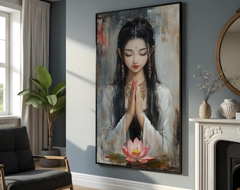 Serenity Lotus Canvas, Meditative Woman Print, Spiritual Wall Art, Elegant Portrait Poster, Canvas Design, Ready to Hang Decoration