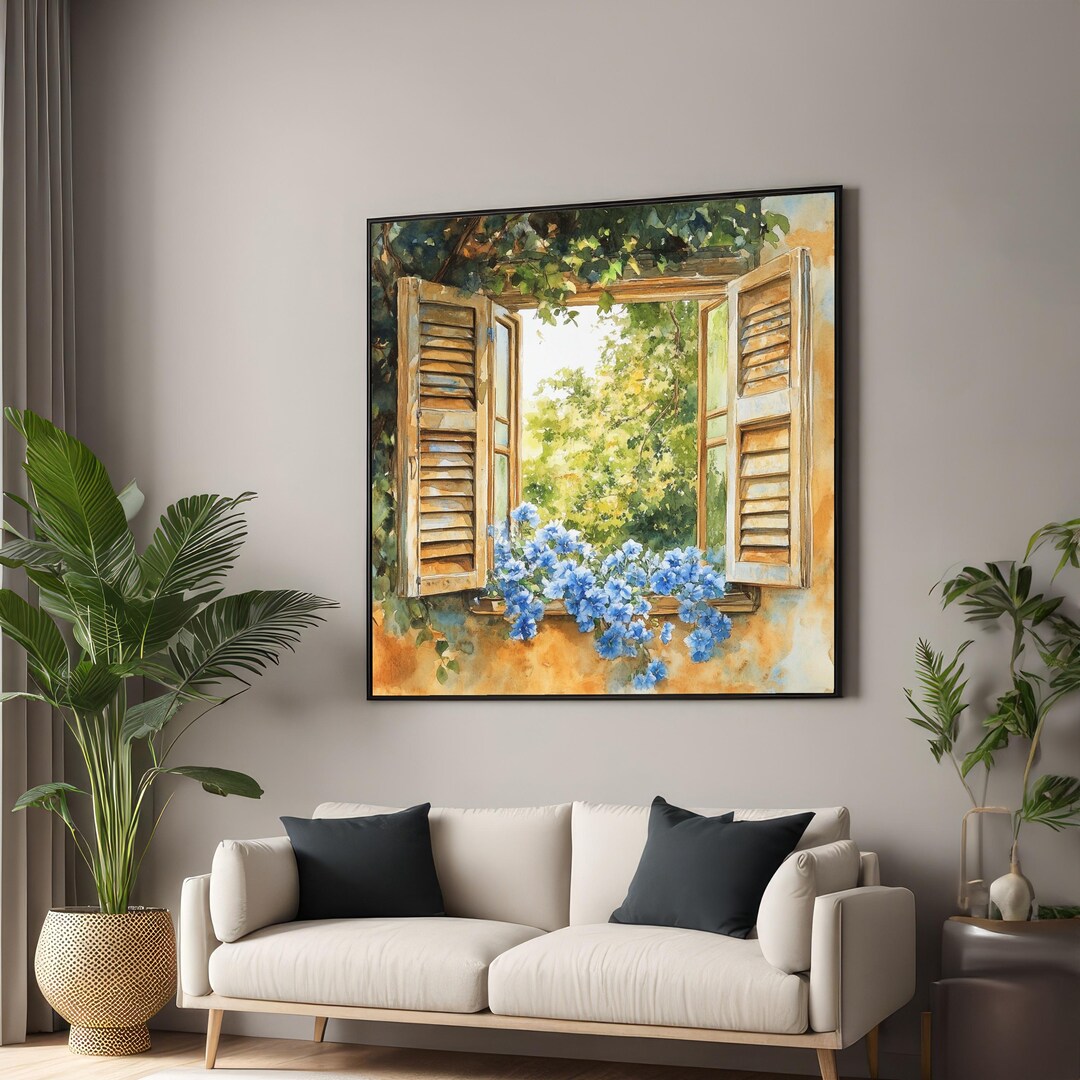 Rustic Window View With Blue Flowers, Nature Canvas Art, Scenic Wall ...