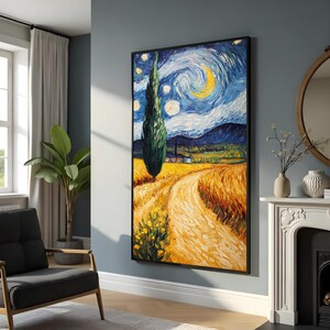 Sternenklare Nacht Landschaft Leinwand, Van Gogh inspirierte Kunst, Kunst Leinwanddesign, fertig zum Aufhängen, Dekoration, wunderlicher Nachthimmel Druck