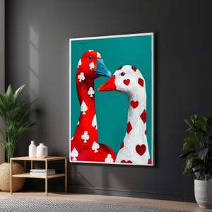 Playing Card Ducks Canvas, Red and White Card Suit Birds, Unique Animal Wall Art, Modern Home Decor, Quirky Canvas Painting, Ready to Hang