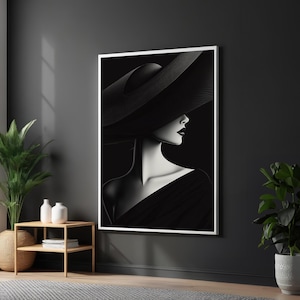 Elegant Silhouette Canvas, Fashion Art Print, Black Hat Wall Art, Stylish Lady Poster, Wall Art Canvas Design, Ready To Hang Decoration