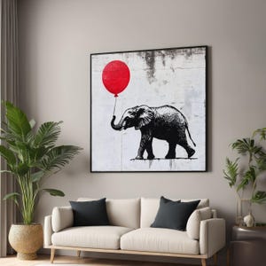Elephant Balloon Canvas, Red Balloon Art, Elephant Wall Art, Graffiti Style, Wall Art Canvas Design, Ready to Hang Decoration