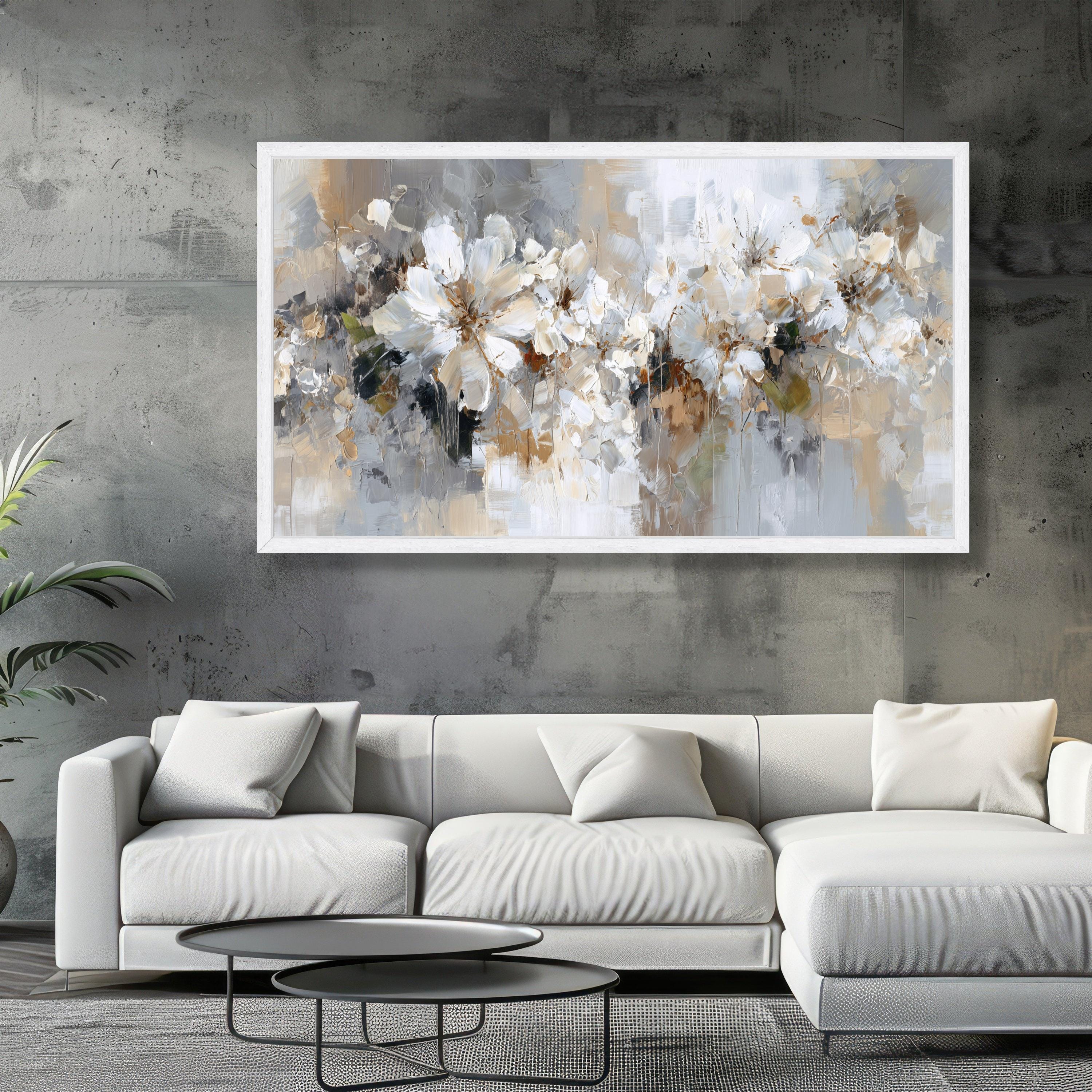 Soft Neutral Floral Canvas Wall Art, White and Beige Flower Painting ...