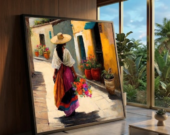 Colorful Mexican Street Scene, Woman with Flowers Canvas, Traditional Dress Artwork, Vibrant Village Wall Art, Rustic Home Decoration