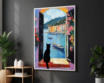 猫の視点キャンバス、猫のいる海岸の風景、カラフルな港のプリント、猫