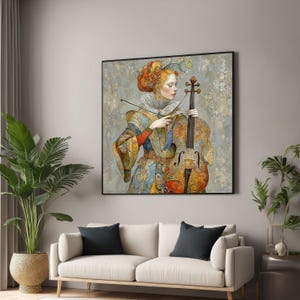 Elegante donna che suona il violino su tela, decorazione murale con strumento musicale d'epoca, ritratto in stile barocco ornato, decorazione artistica per la casa, pronta da appendere