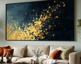 Abstract Gold Leaf Splash Canvas, Modern Dark Blue Wall Art, Luxury Metallic Canvas, Contemporary Home Decoration, Ready to Hang