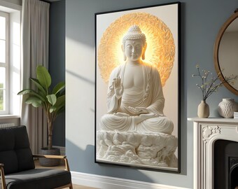 Puede incluir: Una estatua blanca de Buda en posición meditativa, rodeada por un halo de luz, sobre un fondo gris. La estatua está enmarcada en un marco negro.