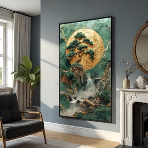 Toile arbre mystique, oeuvres d&#39;art soleil doré, impression murale paysage naturel, toile art zen, toile cascade, décoration prête à accrocher