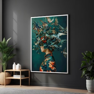 Floral Bird Symphony Canvas, Woman with Birds and Flowers, Nature Wall Art, Surreal Design, Canvas Print, Ready to Hang Decoration