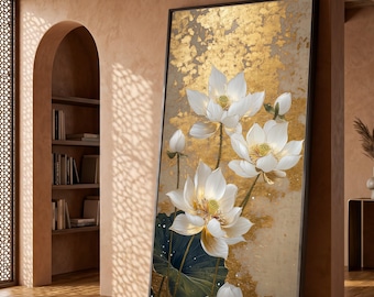 Golden Lotus Elegance Canvas, Lotus Flower Wall Art, Floral Wall Print, Canvas Art Design, Ready To Hang Home Decor