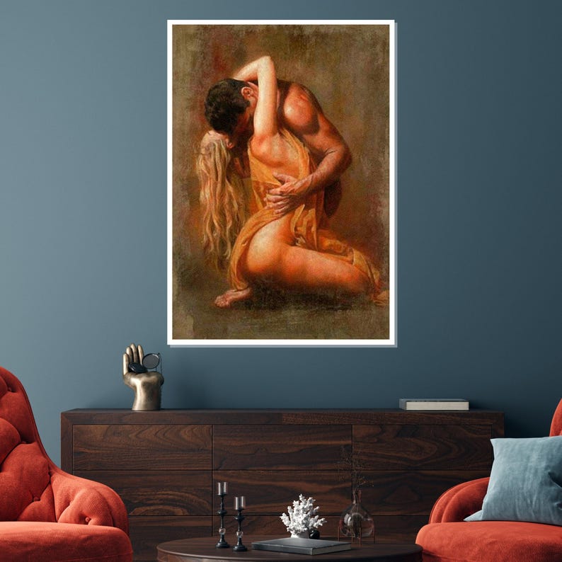 Embrace of Passion Canvas, Romantic Wall Art, Couple in Love Poster, Sensual Art Print, Wall Art Canvas Design, Ready to Hang Decoration