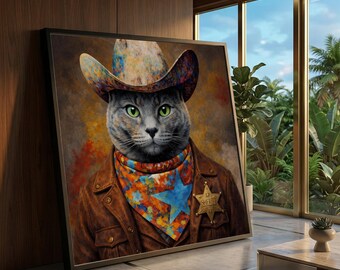 Western Sheriff Cat Portrait Canvas, Cowboy Hat and Bandana Wall Art, Rustic Animal Decor, Whimsical Home Decoration, Ready to Hang Canvas
