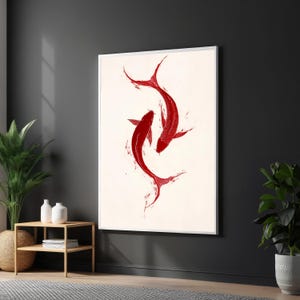 Red Koi Fish Canvas, Yin Yang Fish Art, Abstract Koi Art, Wall Art Canvas Design, Ready To Hang Decoration, Zen Decor