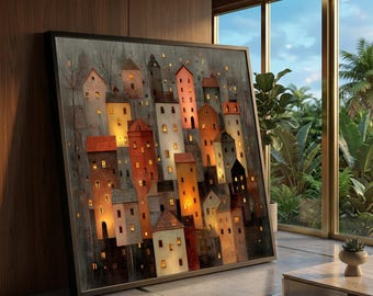 Cozy Nighttime Village Scene Canvas, Warm Lighted Houses Wall Art, Urban Landscape Painting, Rustic Home Decor, Ready to Hang Canvas