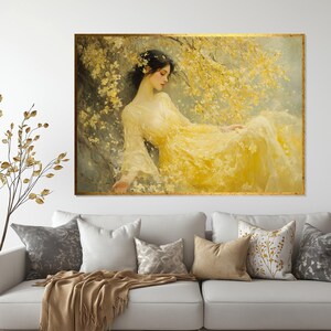 Yellow Dress Lady in Blossoms, Floral Canvas Art, Elegant Woman Portrait, Wall Art Canvas, Ready to Hang Romantic Decoration