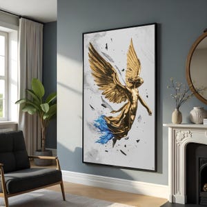 Golden Angel Canvas, Angelic Figure Wall Art, Wings and Flames Poster, Surreal Art, Wall Art Canvas Design, Ready to Hang Decoration