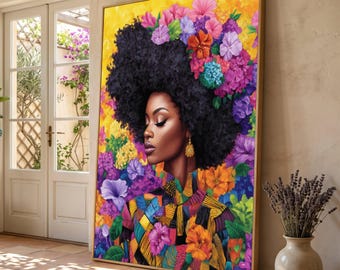 Vibrant Afro Woman Portrait Canvas, Floral Hair Art, Colorful Fashion Wall Decor, Modern African Beauty Canvas, Bold Home Decoration