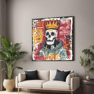 Jean-Michel Basquiat style art,Urban Street Art Skull, Crowned Skeleton Canvas, Graffiti Wall Art, Hip Hop Style Canvas, Bold Red and Yellow