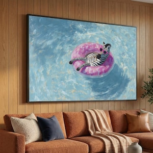 Lekfull zebra flytande pool med rosa solglasögon canvas, rolig sommardjursväggkonst, ljus avkopplande heminredning