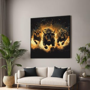 Three Charging Bulls, Fiery Bull Canvas, Animal Wall Art, Dynamic Bull Poster, Wall Art Canvas Design, Ready To Hang Decoration