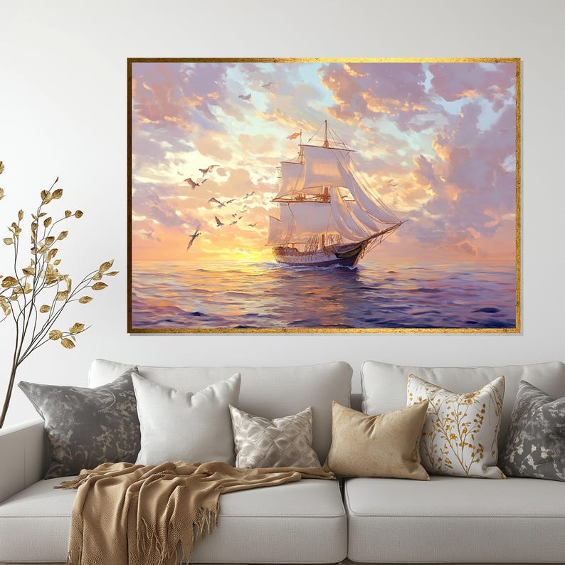 Majestic Sailboat Sunset Canvas, Seascape Wall Art, Nautical Decor, Ocean Painting, Sailing Ship Art, Wall Art Canvas Design, Ready to Hang