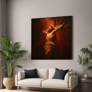 Jesus Christ Crucifixion Canvas, Religious Wall Art, Biblical Christian Decor, Spiritual Canvas Painting, Dramatic Lighting Crucifixion