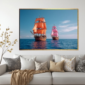 Lienzo de veleros coloridos, arte de velas rosadas y naranjas, arte mural marítimo, decoración náutica, póster del océano, diseño de lienzo de arte mural, listo para imprimir.