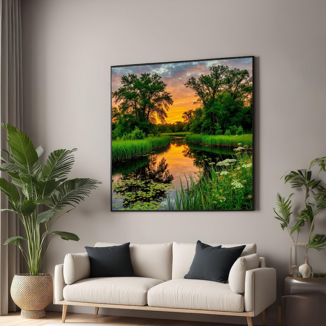 Tranquil Sunset River, Nature Landscape Canvas, Lush Green Trees ...
