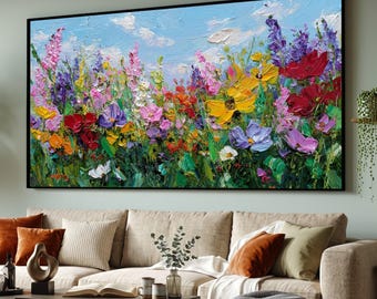 Vibrant Wildflower Meadow Canvas, Colorful Floral Garden Wall Art, Nature Canvas Decoration, Bright Blooming