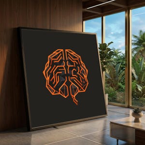 Può includere: Un'opera d'arte da parete quadrata incorniciata con uno sfondo grigio scuro e una grafica centrale di un cervello umano resa con linee arancioni brillanti che ricordano i percorsi dei circuiti elettronici, creando un contrasto.