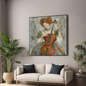 Elegante donna dai capelli rossi che suona il violoncello su tela, decorazione murale musicale in stile barocco, dipinto di strumenti classici, tela artistica per la decorazione della casa