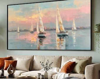 Sunset Sailboats Canvas Wall Art, Nautical Seascape Painting, Pastel Sky Reflection, Coastal Home Decor, Maritime Canvas Print