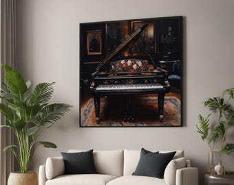 Elegante pianodoek, bloemen pianokunst, decor muziekkamer, muurafdruk vleugel, canvas muurkunst canvasontwerp, klaar om op te hangen decoratie