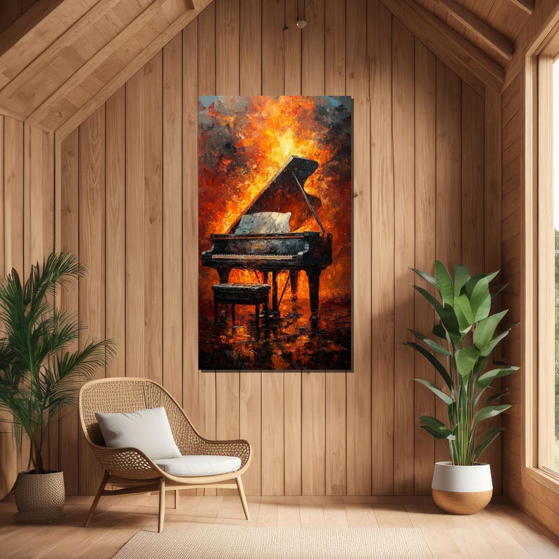 Fiery Piano Canvas Art, Burning Piano Wall Art, Vibrant Music Canvas, Wall Art Canvas Design, Ready To Hang Decoration