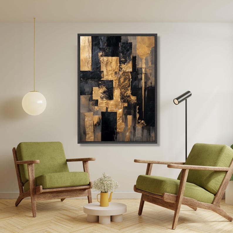 Modern Black and Gold Abstract Canvas, Geometric Wall Art, Metallic ...