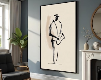Saxophonspieler Leinwand, Jazz Musik Kunst, Moderne Wandkunst, Abstrakter Musiker Druck, Wand Kunst Leinwanddesign, Fertig zum Aufhängen
