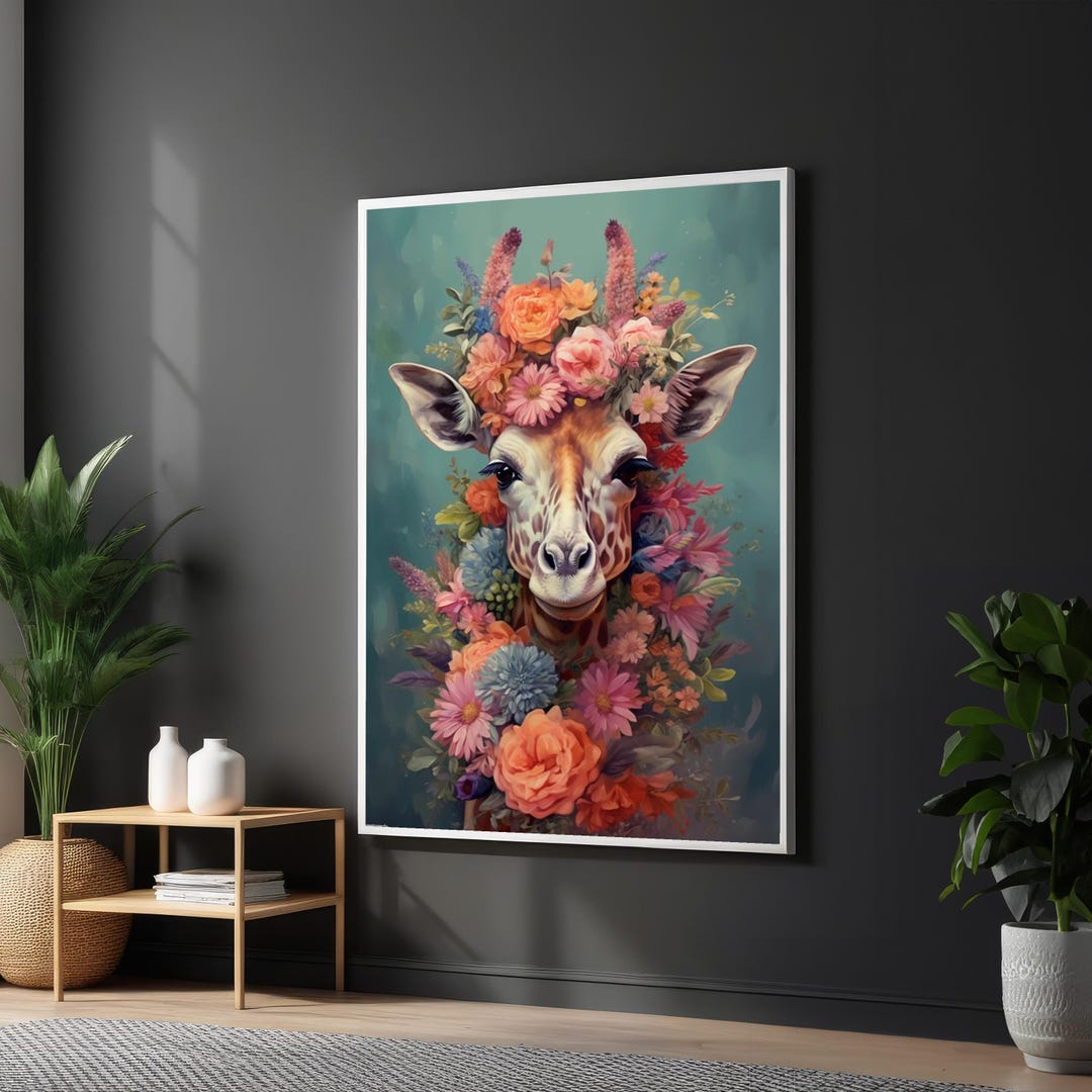 Colorful Floral Giraffe Canvas Print, Wall Art Decor, Vibrant Animal ...