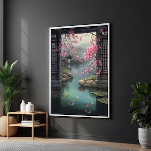 Lienzo de flor de cerezo zen, serenidad asiática, arte de estanque de peces koi, póster de jardín tranquilo, diseño de lienzo para pared, decoración lista para colgar