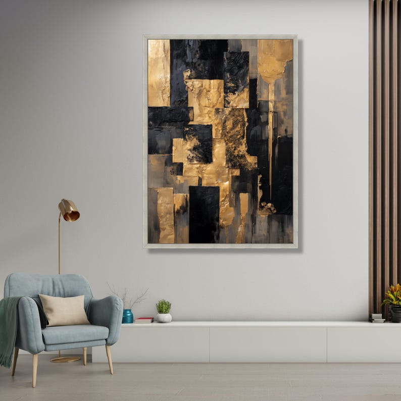 Modern Black and Gold Abstract Canvas, Geometric Wall Art, Metallic ...