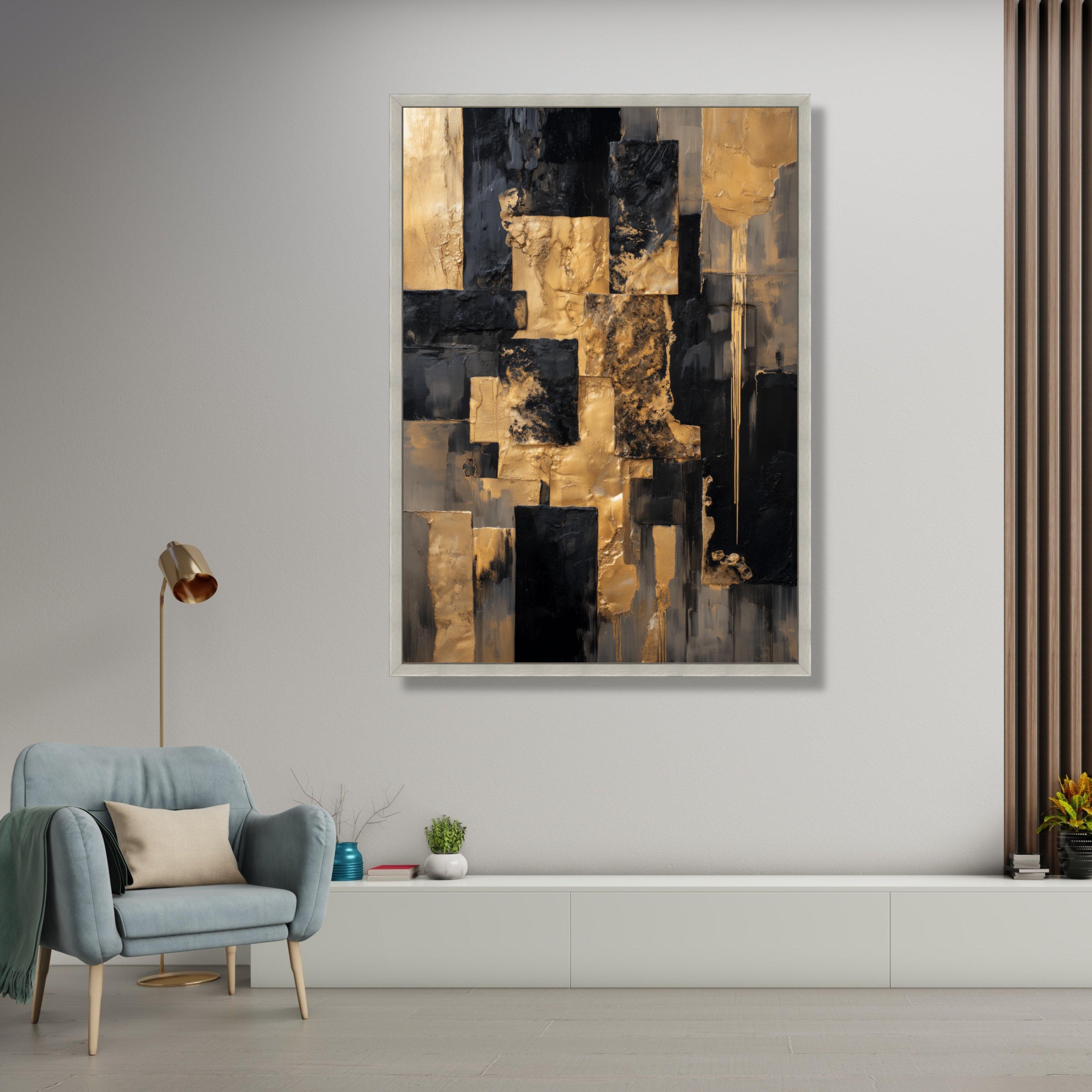 Modern Black and Gold Abstract Canvas, Geometric Wall Art, Metallic ...