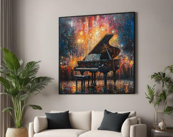 Puede incluir: Un piano de cola negro con un taburete se encuentra en una habitación con un fondo abstracto colorido. El fondo está lleno de salpicaduras de pintura roja, naranja, amarilla, azul y verde. El piano está enfocado, y el fondo está desenfocado.