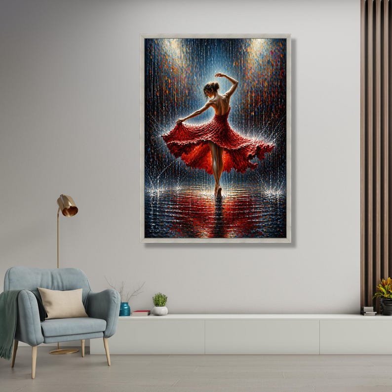 May include: A framed art print showing a dancer in a red dress, arms outstretched, in a rain-like scene. The artwork uses a vivid colour palette, with red, blue, and gold tones, creating a dramatic and artistic visual.